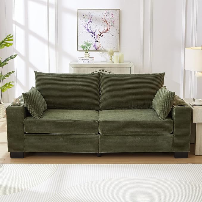 Eafurn 78" Corduroy Loveseat Sofa, Modern 2 Seater Couch with Dual Cup Holders & USB Charging Ports, Comfy Upholstered Small Sofa with Side Storage Pockets for Apartment, Living Room