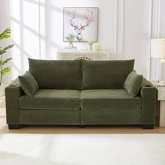 Eafurn 78" Corduroy Loveseat Sofa, Modern 2 Seater Couch with Dual Cup Holders & USB Charging Ports, Comfy Upholstered Small Sofa with Side Storage Pockets for Apartment, Living Room