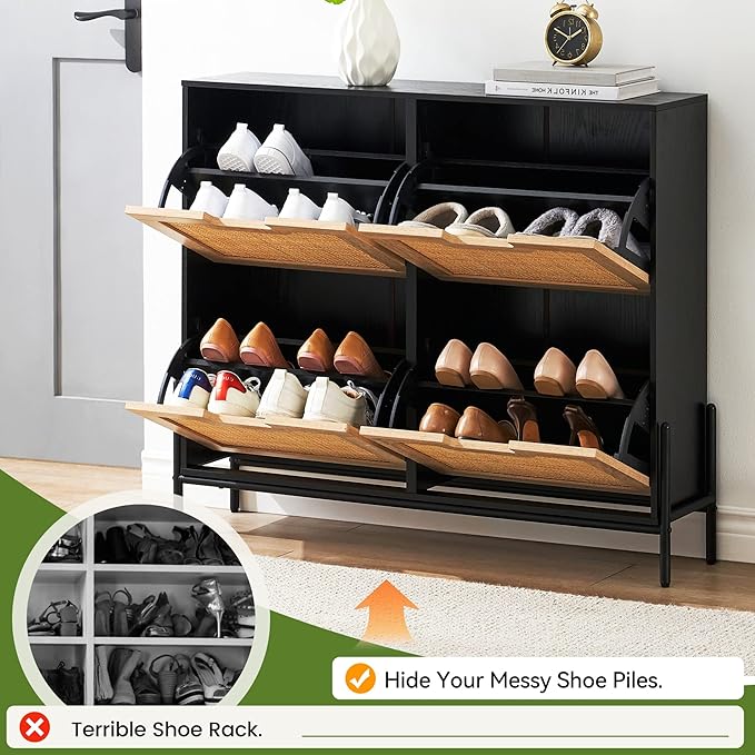 4 Flip Drawers Shoe Storage Cabinet, Rattan Shoe Organizer with Metal Legs, Freestanding Narrow Shoe Rack Cabinet for Entryway, Black