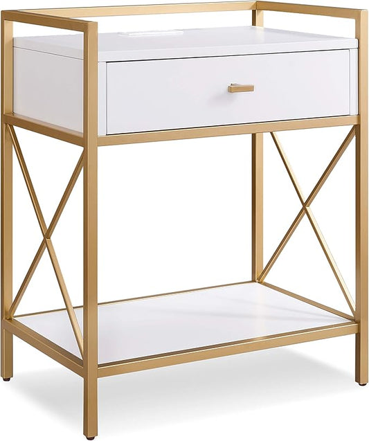 Claudette Solid Wood and Metal Nightstand with Drawer and USB-C Fast Charging Station, White and Gold, Perfect for Bedrooms, Living Rooms, and Offices – Leick Home, 9069-WT