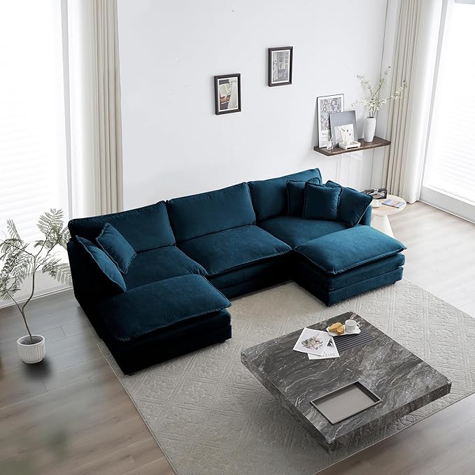 Luxury Modular Sectional Sofa with Ottoman, 111.5" Overstuffed U-Shaped Cloud Sofa, Premium Chenille Fabric Deep Seat Couch, Extra Wide Sectional for Living Room, Apartment & Office | Layer Cushions