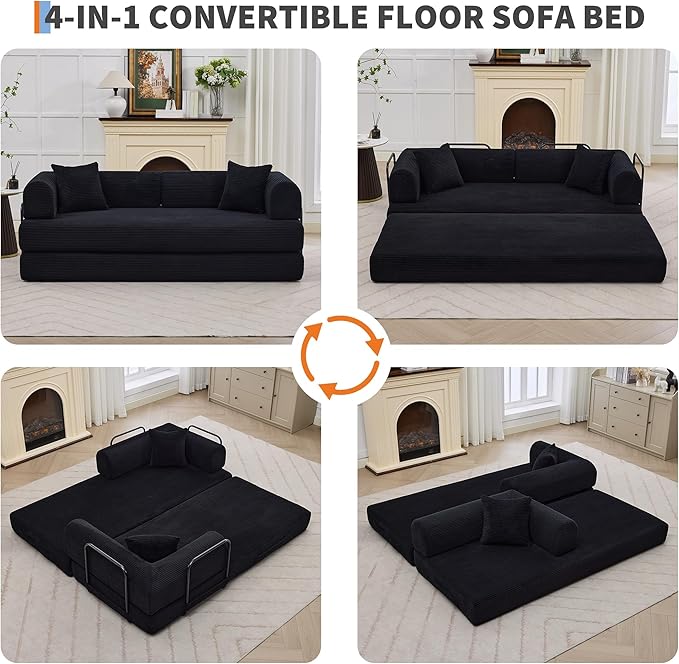 GarveeHome 79" Convertible Sleeper Sofa Bed Couch, 4-in-1 Boneless Corduroy Folding Sofa Bed with Pillow & Fixed-Shape, Floor Mattress Couch Loveseat for Living Room Apartments - No Assembly, Black