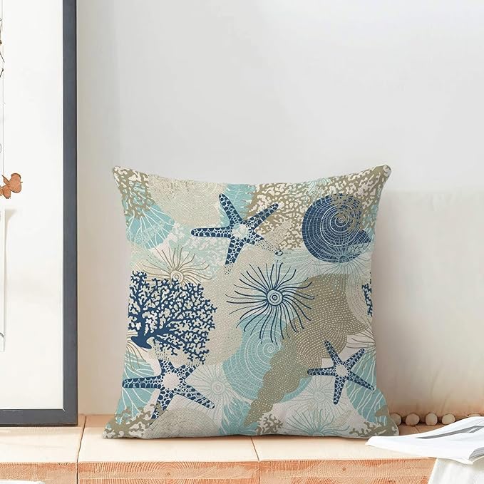 Nautical Coastal Throw Pillow Cover 22 x 22 Inch Pack of 2,Summer Beach Ocean Themed Decorative Pillow Covers Square Linen Starfish Seashell Pillow Cases Cushion for Bedroom Home Sofa Decoration