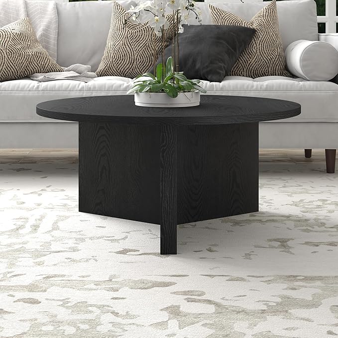 Henn&Hart 36" Round Wood Pedestal Coffee Table for Living Room, Family Room, Office, or Apartment, Natural Black