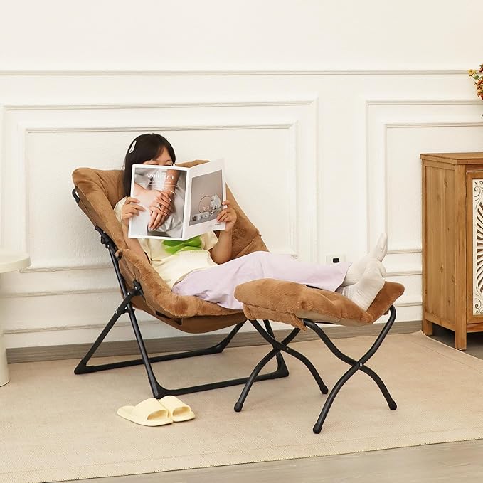 Comfy Saucer Chair for Adults, Soft Faux Fur Bedroom Chair, Accent Dorm Chairs, Flexible Living Room Reading Chairs, Oversized Folding Seat for Teens, X-Large, Brown