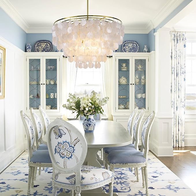 Wellmet Capiz Shell Chandelier, 6 Lights Gold Coastal Chandeliers for Dining Room, Modern Pendant Lighting Fixtures with Seashell Shade for Bedroom Living Room Hallway Foyer, W-23.62”
