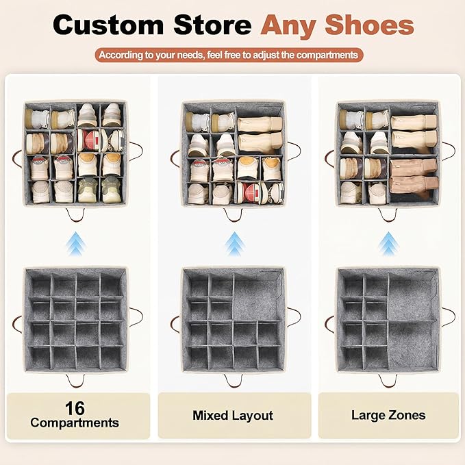 Shoe Organizer for Closet, Foldable Shoe Rack with Clear Cover, Adjustable Dividers for 16 Pairs, Storage Cubby for Wardrobe, Beige & Grey
