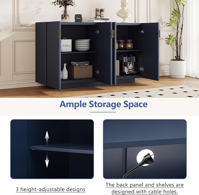 60" 4 Wavy Doors Ample Storage Sideboard with Adjustable Shelves,Retro Acacia Wood Console Table w/Retro Copper Handles,for Entryway Kitchen Dining Room Living,Antique Navy