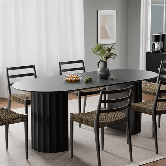 Casaphoria 79" Oval Dining Table, Modern Wood Kitchen Table with Cylinder Strip Concave Base for Living Room & Dining Room, Easy Assembly Farmhouse Furniture for 6-8, Black