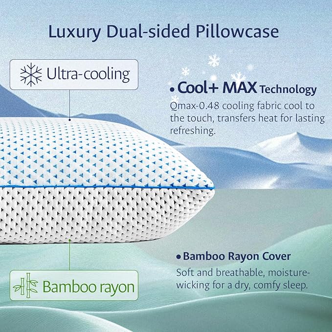 Adjustable Cooling Gel Memory Foam Pillows Queen Size for Sleeping 1 Pack,Thick Firm Bamboo Rayon Shredded Bed Pillow for Side,Back,Stomach Sleepers Washable Breathable Pillowcase,Gifts College Dorm