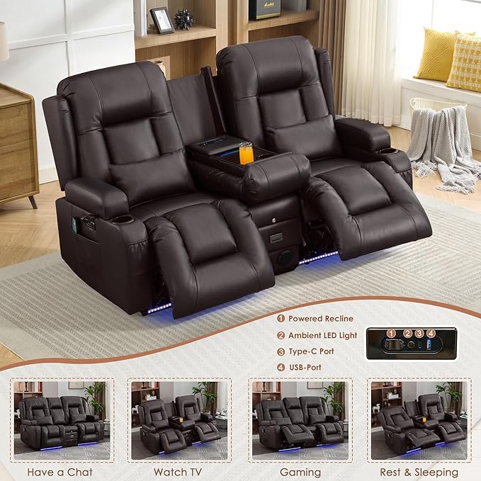 TUNYI Wall Hugger Loveseat Recliner Sofa with Console, Power Reclining Loveseat RV Couch with Massage & Heat/USB/Outlet/Storage/LED Light/Speaker (Espresso)