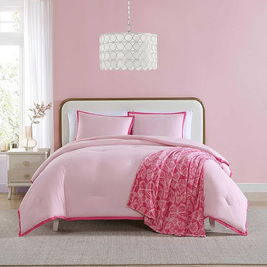Betsey Johnson - Full/Queen Comforter Set, Super Soft Bedding with Matching Shams, Bonus Throw Included, Chic Bedding Essentials (Signature Hotel Solid Pink, Full/Queen)