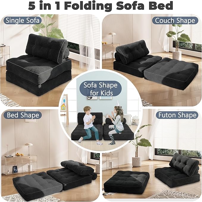 Folding Sofa Bed,Convertible Sleeper Chair for Adults, Folding Sofa Bed Foam Filling Couch with Pillow，Sleeper Chairs Single Size Floor Mattress,Black