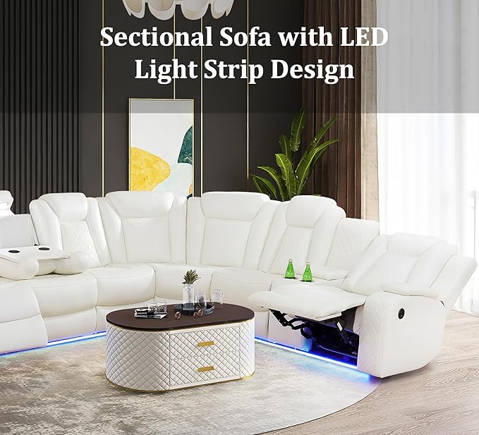 Breathing Leather Recliner Sectional Set, L Shaped Couch and Recliner Set with LED Light/Cup Holders/USB Port, Reclining Sectional Sofa 7 Seat Living Room Furniture (Cream White)