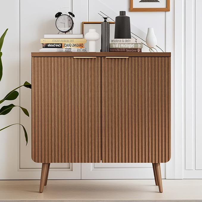 FONTOI 29.5" Wood Fluted Buffet Cabinet with 2 Doors & Storage - Multifunctional Kitchen Sideboard Credenza for Living Room & Entryway, Walnut