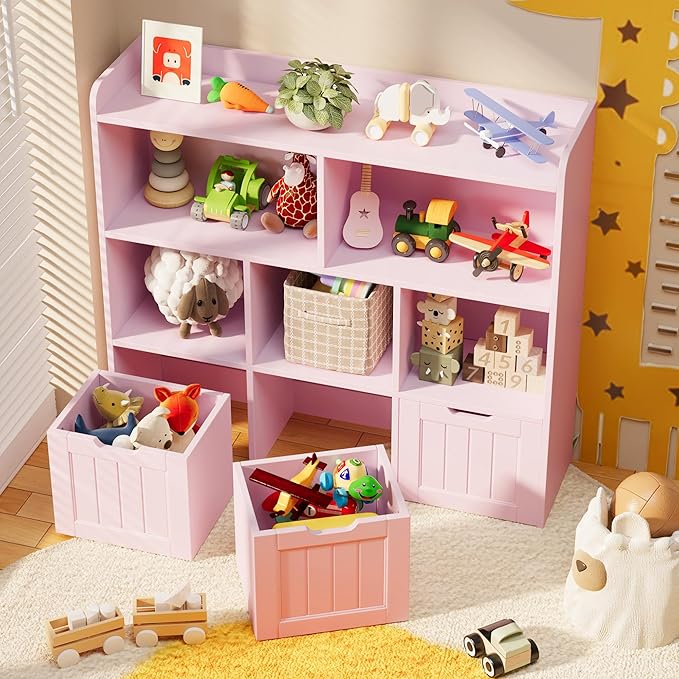 Gizoon Toy Storage Cabinet and Kids Bookcase with 3 Movable Drawers and 6 Open Shelves Featuring Fall Prevention Barrier for Playroom Nursery Kids Room Organization, Pink