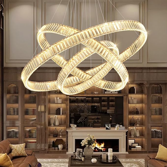 24''+32''+40'' Modern Ring Chandelier Crystal Chandeliers for Dining Room Round LED Dimmable Ceiling Light Fixture for Living Room Bedroom Lighting Silver