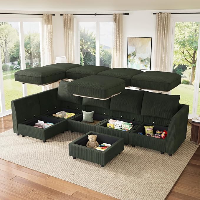 HONBAY Modular Sectional Sofa L Shaped Sectional Couch with Storage, Convertible Couches for Living Room - Green
