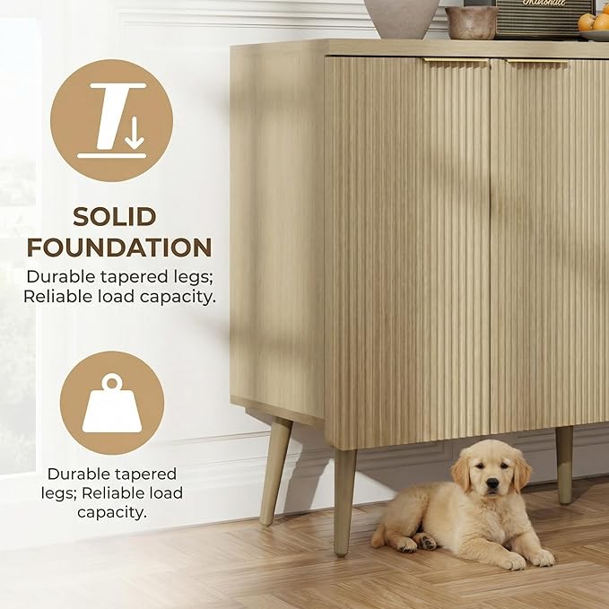 FONTOI 47.2" Wood Fluted Buffet Cabinet with 4 Doors & Storage - Multifunctional Kitchen Sideboard Credenza for Living Room & Entryway, Oak