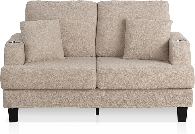 Homes: Inside + Out Reese Modern Plush Boucle Comfortable Loveseat with Side Pockets, Cup Holders and Pillows, Wooden Soft Couch for Living Room, Bedroom and Office, Beige