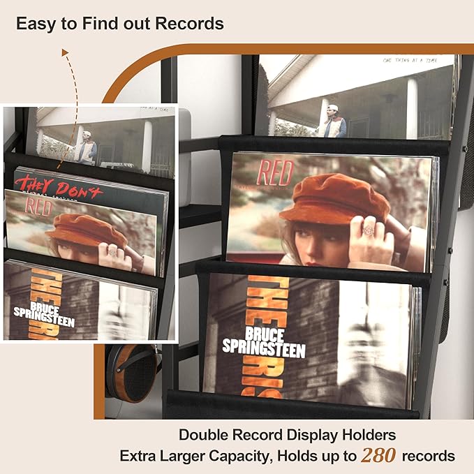 Record Player Stand with Vinyl Storage, Record Player Table with Vinyl Record Storage Up to 280 Albums, Turnta ble Stand with Record Holder Display Shelf, Record Cabinet for Media Stereo Audio