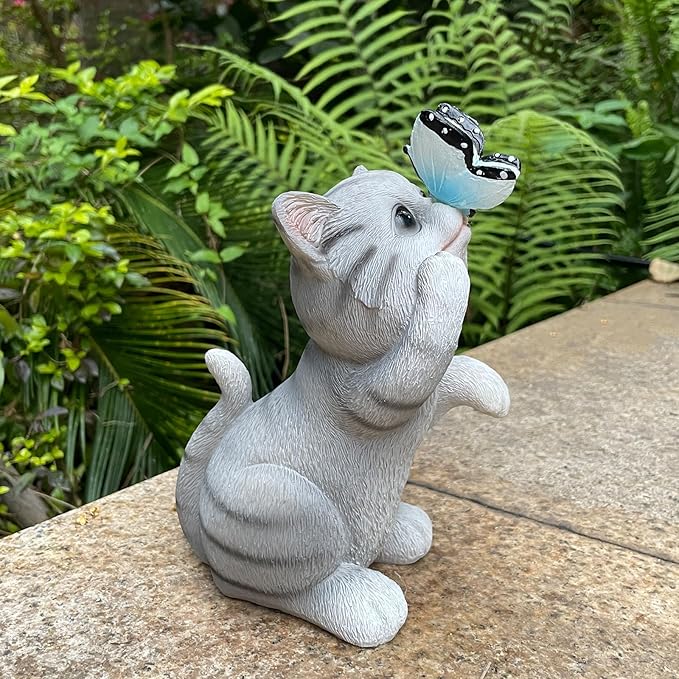 Solar Cat Outdoor Figurines Garden Decor with Butterfly Light for Lawn Ornaments Porch Patio Balcony Yard Decorations Outdoor Birthday Gifts for Women Grandma Mother’s Day
