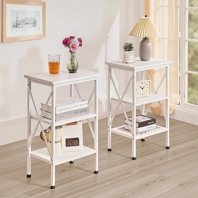 VECELO End Side Table Night Stand,X-Design with Storage Shelf for Bedroom,Living Room,White