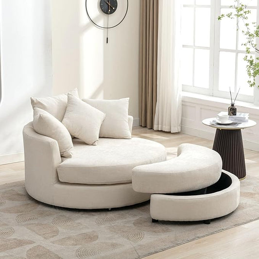 ERYE Oversized Round Accent Barrel Chair with Storage Ottoman and 360 Swivel Base, Modern Chenille Upholstered Leisure Recliner Armchair for Living Room Bedroom