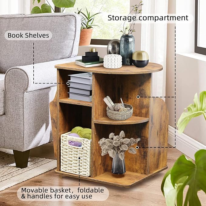 TooCust Rotating End Table with Storage, Rotating Side Table Living Room, Side Table with Magazine Holder, Basket and Cabinet, Sofa Side Farmhouse End Tables with Open Shelf (Rustic Brown)