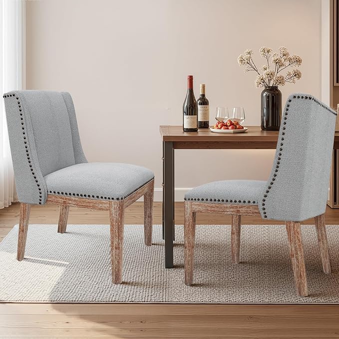 Dining Chair Set of 2, Upholstered Fabric Kitchen Side Chairs with Solid Wood Legs, Comfortable Seating for Kitchen, Dining Room & Restaurant, Grey