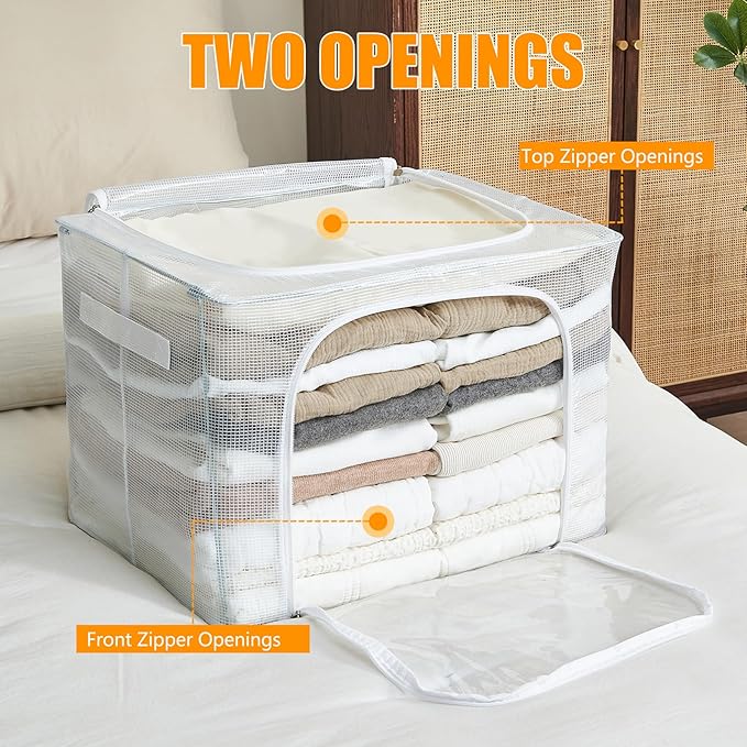 Clear Stackable Clothes Storage Bins with Metal Frame, Foldable Storage Box with Lid, Bedroom, Closet Organizers and Storage Container with Zippers & Durable Handles (Clear, 2 Pack)
