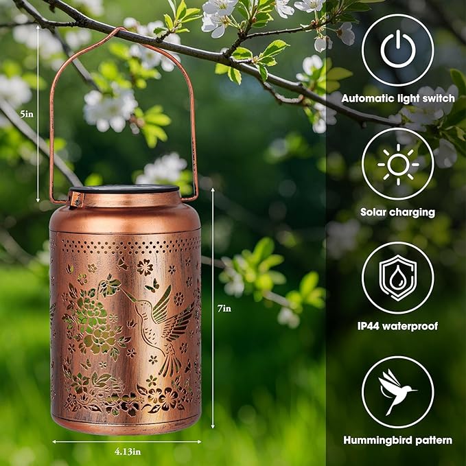 Hummingbird Solar Lanterns Outdoor, Birthday Gifts for Women Waterproof Solar Lanterns Decorative Hummingbird Gifts, Hanging Lantern Outdoor for Patio Porch Garden Decor