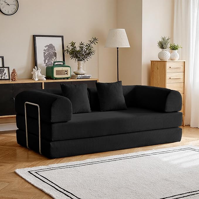 79'' Convertible Compressed Corduroy Folding Cloud Sofa Bed, 5 in 1 Modern Modular Boneless Pull Out Loveseat Sleeper in a Box, No Assembly Floor Mattress Futon Couch for Home, Black, Pillows, King
