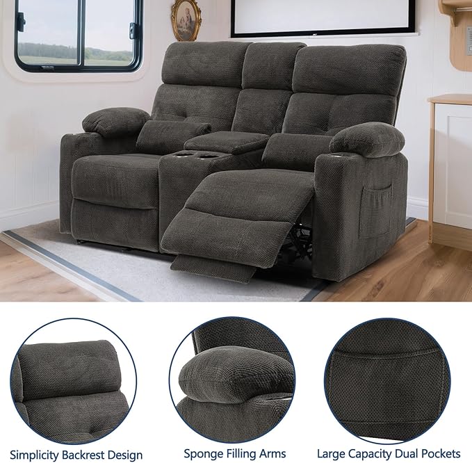 68'' RV Power Reclining Loveseat with Heat and Massage| RV Loveseat Recliner Sofa with Console| Double Reclining Couch with Cup Holder | Loveseat ReclinerTheater Seating(Fabric,Gray) | Double Seat, Electric Recliner
