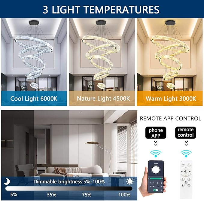 Large Ring Crystal Chandelier Modern Dimmable Chandelier High Ceiling Chandelier Round LED Ceiling Light Fixture for Foyer Long Stair Big Chandelier Black 8''+16''+24''+32''+40''
