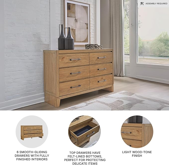 Signature Design by Ashley Sherbana Casual 6-Drawer Dresser with Safety Stop and Felt-Lined Top Drawers, Light Brown