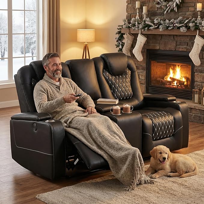 ANJ Power Recliner Sofa Set, Faux Leather Reclining Couch Sets for Living Room, Included 2PC Loveseat Sofa and 3 Seat Recliner Sofa, Black