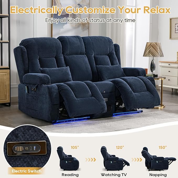 IPKIG Power Recliner Sofa with Flip-Up Backrest Console, USB & USB-C Ports, AC Outlet, LED Lights, Wall Hugger Recliners for Living Room, RV (Navy Blue, 67" - 3 Seat) | Velvet Fabric, Zero Gravity, Dual Reclining, 2 Lumabr Pillow, Bluetooth Speakers