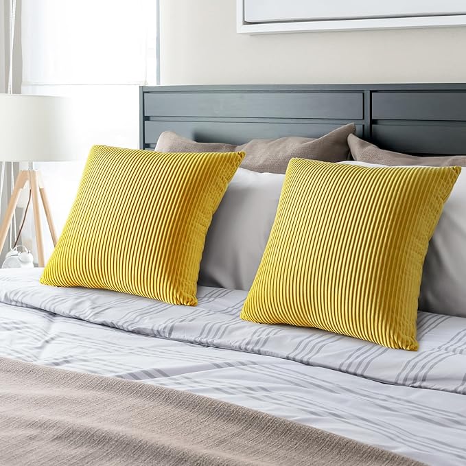 YCOLL Yellow 12x20 Pillow Cover Set of 2 Velvet Striped Pattern - Soft Throw Pillows for Home Decor, Luxury Decorative Pillow Covers for Couch, Bed,Living Room
