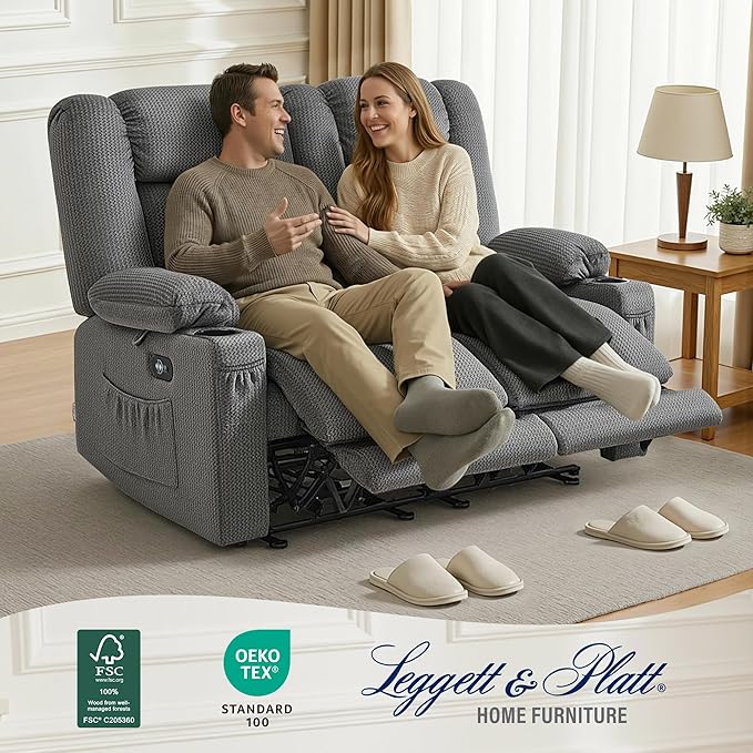 MCombo 55.9" Zero Gravity Power Loveseat Recliner with Heat and Vibration Massage, Reclining Loveseat Sofa with USB Ports, Cup Holders for Living Room, Fabric PR648SET (Grey)