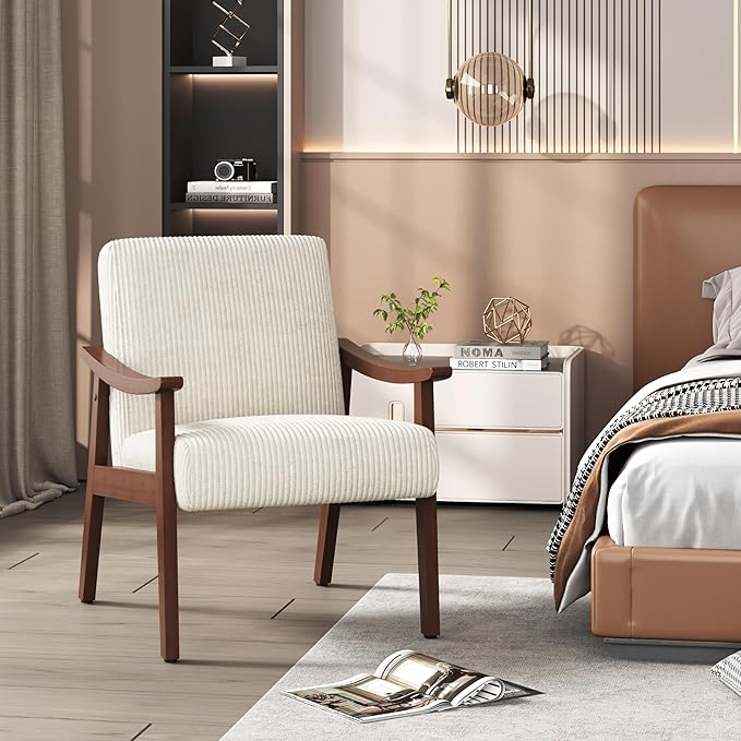 Yaheetech Corduroy Accent Chair, Mid-Century Modern Armchair with Solid Wood Legs, Reading Leisure Chair with High Back for Living Room Bedroom Waiting Room Beige
