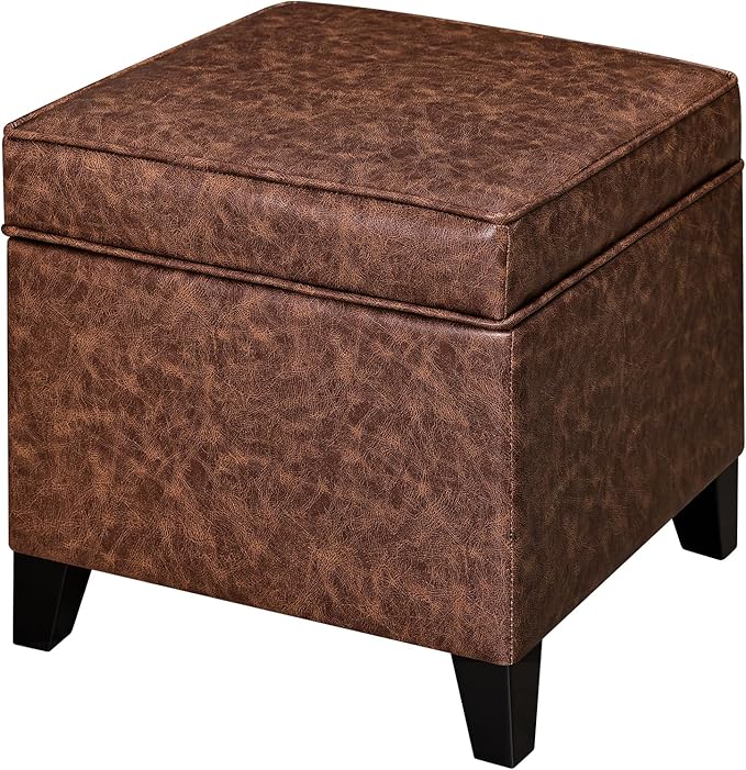 Adeco 17-inch Tufted Faux Leather Storage Ottoman, Square Footrest Stool with Hinged Lid and Solid Wood Legs, Small Accent Foot Stool for Living Room & Bedroom, Dark Brown
