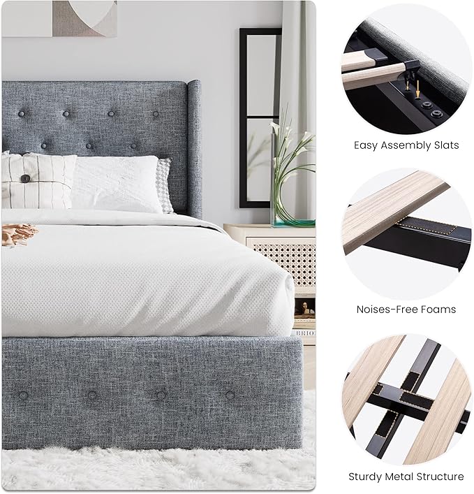 SHA CERLIN Full Size Lift Up Storage Bed Frame,Button Tufted Wingback Headboard,Upholstered Platform,Hydraulic Storage,Wooden Slat Support,No Box Spring,Grey Blue