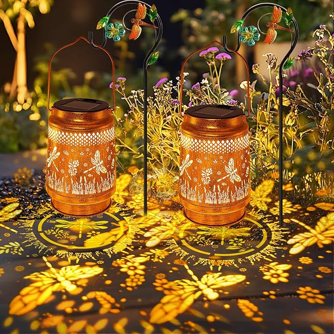 2 Pack Solar Lanterns Outdoor Waterproof Dragonfly Garden Decor, Gifts for Women Mom Grandma Birthday, Hanging Solar Lights Metal LED Decoration with Shepherd Hook Outside for Yard Patio Lawn Porch