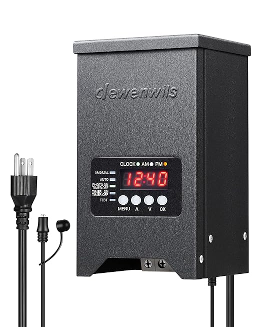 DEWENWILS 200W Low Voltage Landscape Transformer, 120V to 12V/15VAC, Landscape Lighting Transformer, Dusk to Dawn Sensor & Timer, Weatherproof Low Voltage Transformer for Spotlight, Pathway Light