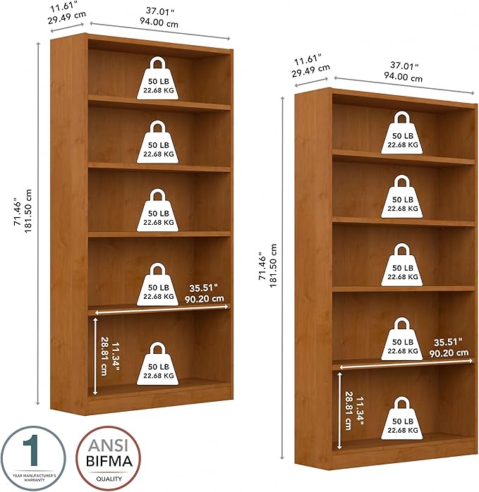Bush Furniture Universal Tall 5 Shelf Bookcase in Natural Cherry - Set of 2, Matching Storage and Display Bookshelves for Home Office or Living Room Organization