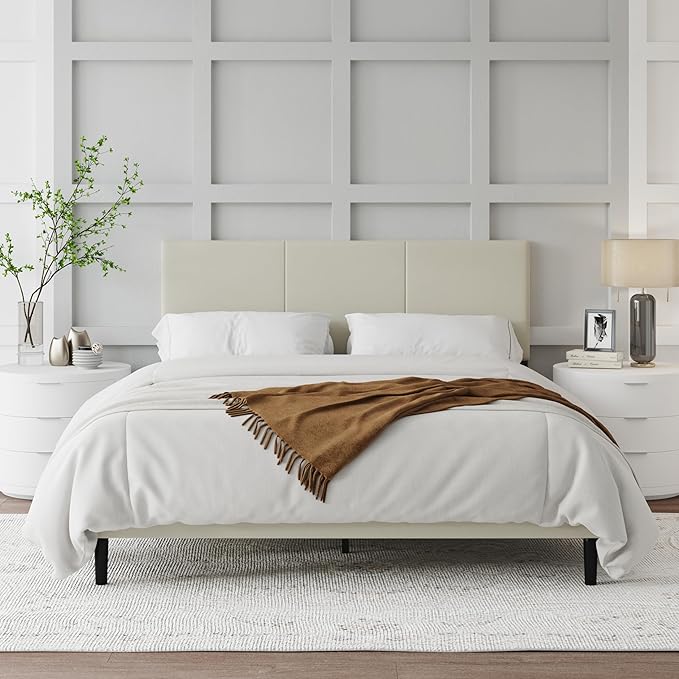 Queen Size Bed Frame with Upholstered Headboard, Sturdy Wood Slats, No Box Spring Required, Silent, Easy Assembly, Beige