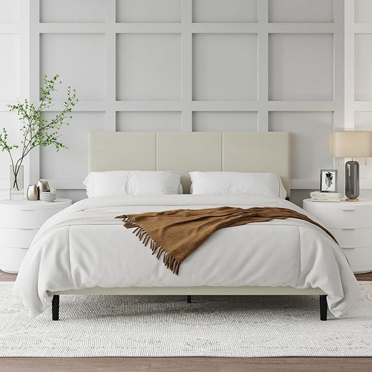 Queen Size Bed Frame with Upholstered Headboard, Sturdy Wood Slats, No Box Spring Required, Silent, Easy Assembly, Beige