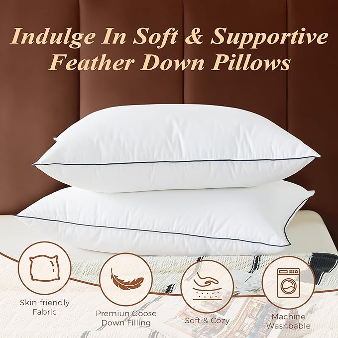 Cosybay Goose Feather Down Fiber Pillows Queen Size Set of 2, Luxury Bed Pillow for Sleeping, Ultra Soft Cover Hotel Collection Bed Pillows for Back,Stomach or Side Sleepers 20x30