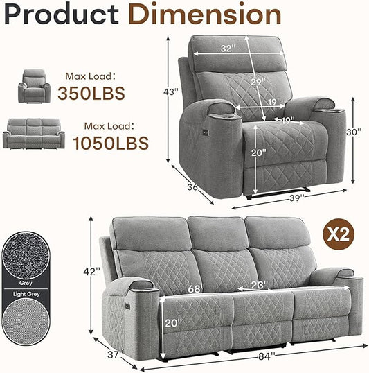 HAOMARKETS 3-Piece Recliner Sofa Set with Charging Ports, Include Power Recliner Chair and 2 2-Seater Loveseat Reclining Couches with Hidden Storage and Cup Holders for Living Room, Light Grey